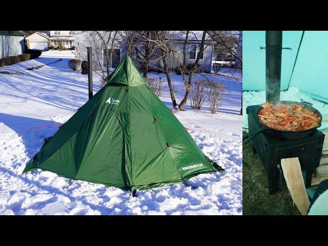 First Time Hot Tent Backyard Gear Test | Hot Tent & Wood Stove | Cooking on Camp Stove