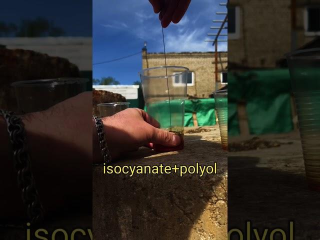 Experiment, mixing polyurethane foam components isocyanate and polyol