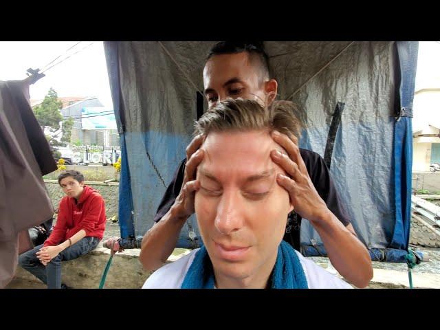 $.60 STREET BARBER HAIRCUT, HEAD MASSAGE & Straight RAZOR SHAVE by "Aji"  Bandung Indonesia ASMR