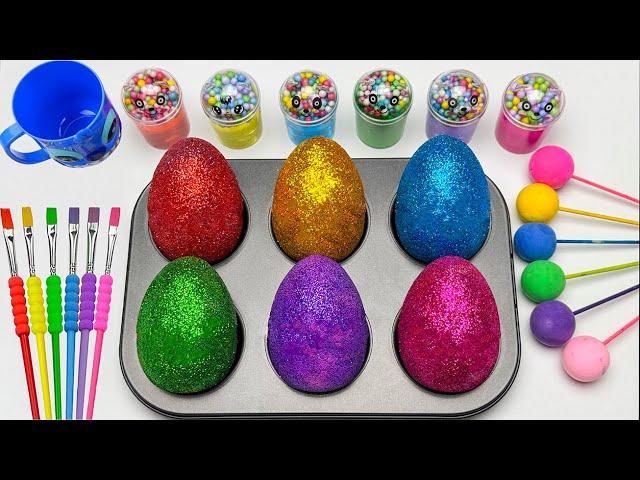 Fun Satisfying Video | Mixing All Lollipops & Rainbow Eggs from Glitter Slime | Cutting ASMR