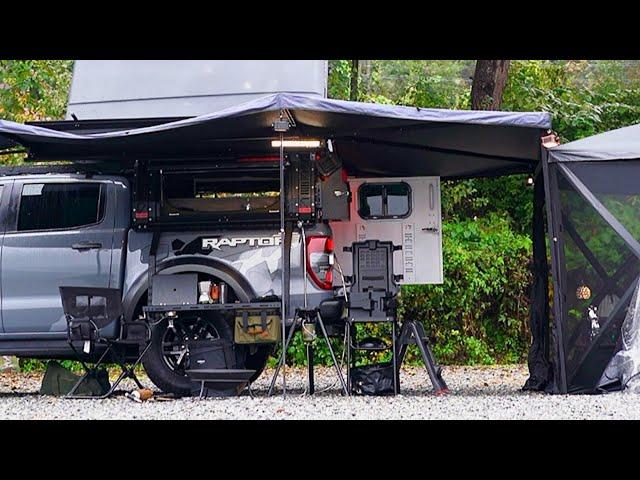 Best Truck Camping In The Morning Rain. Ford Ranger Overland Camper