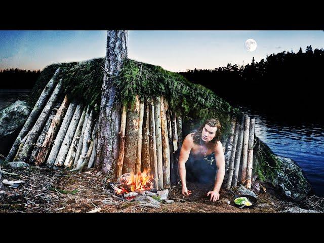 Building a Primitive LOG SHELTER: 3 Day Island Survival Camping