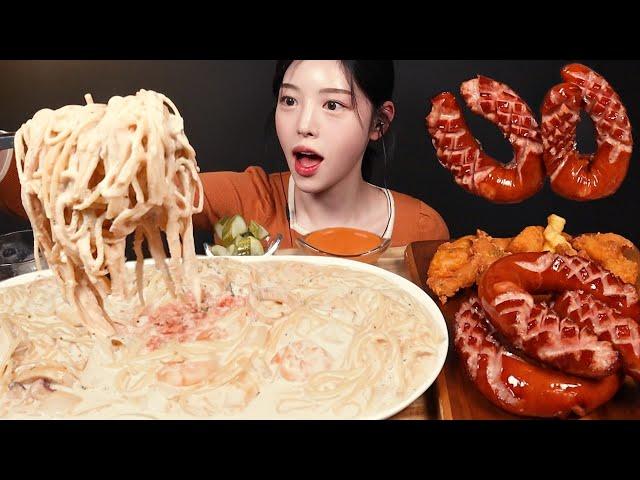 SUB)Kielbasa Sausage and Fried Chicken with Shrimp Cream Pasta Mukbang Asmr