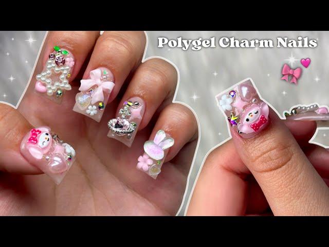 EXTRA SHORT POLYGEL CHARM NAILS POLYGEL JUNK NAILS & GLOW IN THE DARK NAIL DESIGN | Nail Tutorial