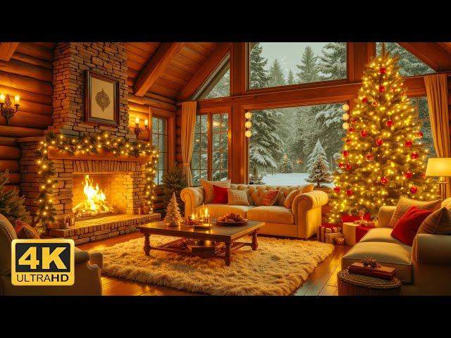 Beautiful Christmas Music With Fireplace  | Relaxing Holiday Ambiance in Cozy Cabin | 4K UHD