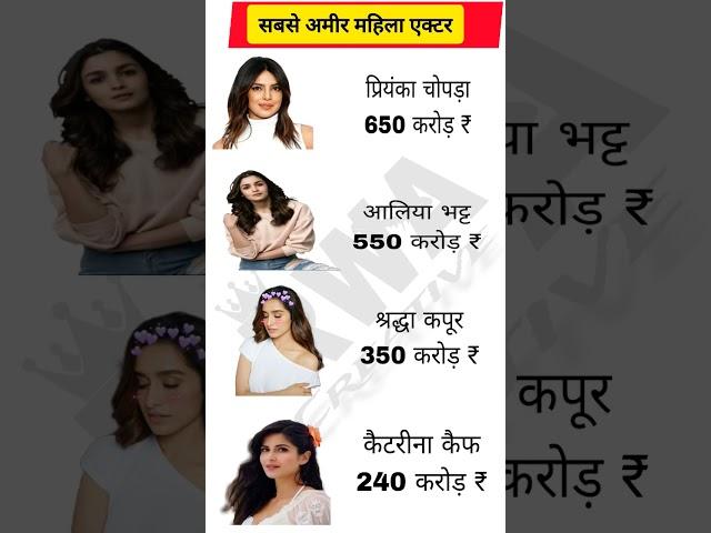 Top 4 female actor ? भारतीय महिला एक्टरों की संपत्ति कितनी है I#gk#actor#allexam #shorts