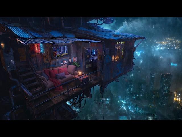  Shanty Nest above the City: Rain and Ambient Music | Cyberpunk Shack in a Skyrise | 4K | 10 hours