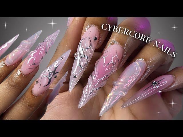 Edgy Polygel Nails🫧 How to do Stiletto nails with polygel + chrome nail art | Libra inspired nails