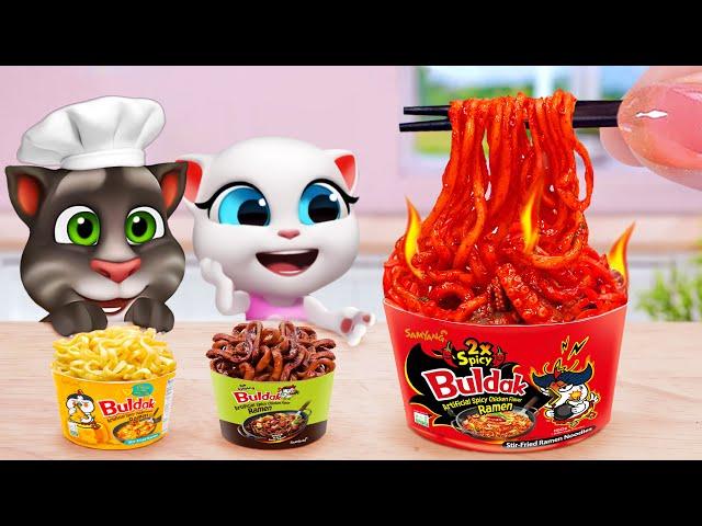 Help Me Talking Tom  How To Cook Miniature Spicy Buldak Noodles and Sausage  Tina Mini Cooking