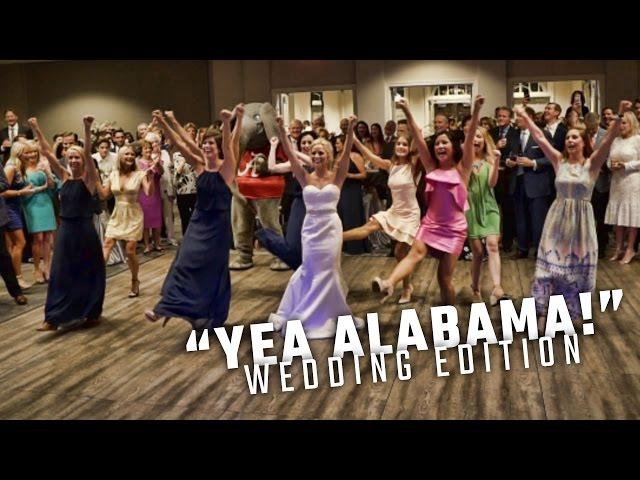 Former Alabama cheerleaders perform "Yea Alabama!" in full wedding attire