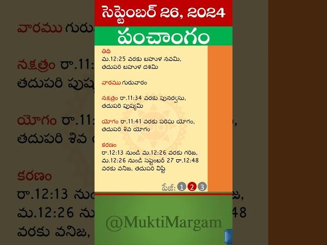 Eroju Panchangam Eroju Telugu Panchangam Today Panchangam in Telugu Calendar Today Tithi, 26/09/2024