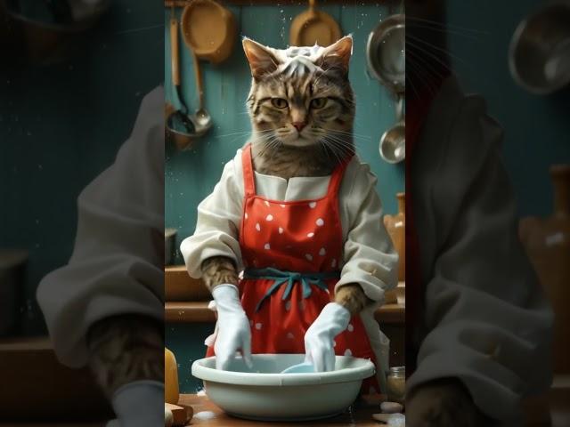 Cat: I haven't learned how to wash dishes yet, can I learn to play with water first    #funnycat