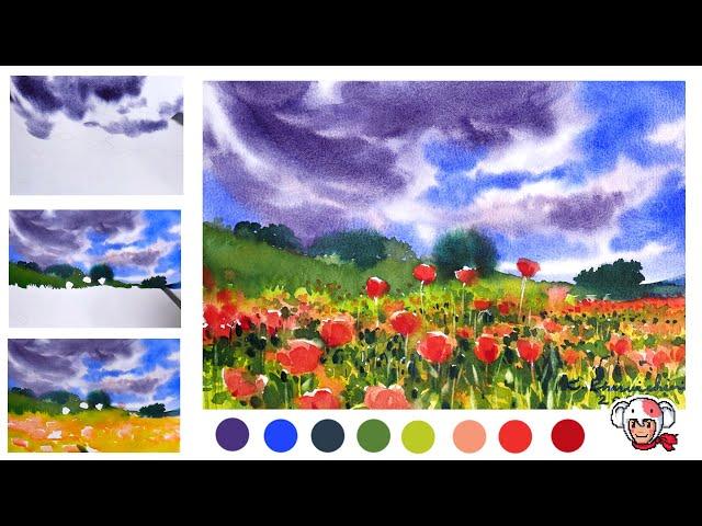 Poppy fields at Worcestershire ,UK /watercolor Tutorials #howtopaintwatercolour