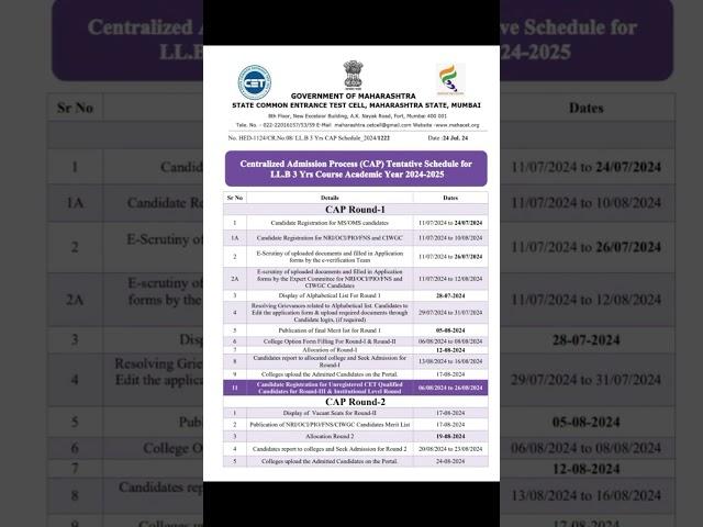 LLB 3 Years Cap round 2024 Complete Schedule. #law #mhcet #capround  #exam #trending #viralvideo