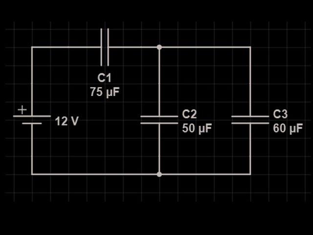Capacitor network circuit with three capacitors: equivalent capacitance and energy in the capacitors