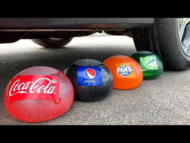 Crushing Crunchy & Soft Things by Car! EXPERIMENT: Car vs Coca Cola, Fanta, Mirinda Balloons