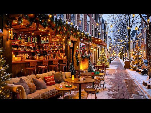 Smooth Christmas Jazz Music with Snowfall Cozy Outdoor Coffee Shop Ambience and Fireplace Sounds