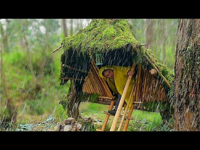 Camping alone building air survival shelter. Bushcraft. Camping in the rain