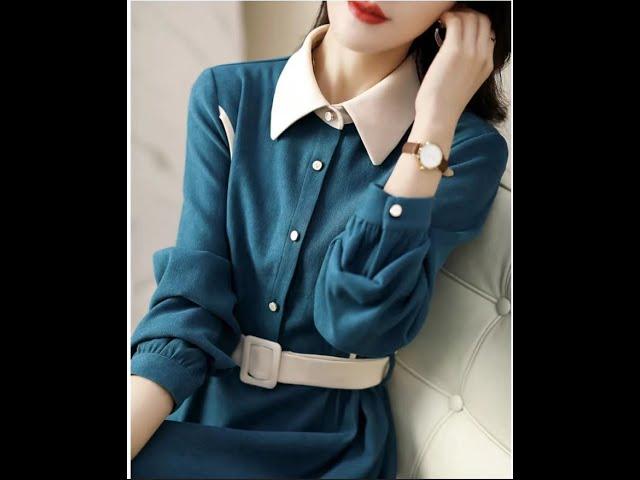 new temperament shirt skirt contrast color waist lapel stitching mid length dress girls