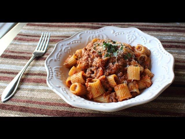 Bolognese Sauce - Marcella Hazan-Inspired Meat Sauce Recipe - Rigatoni Bolognese