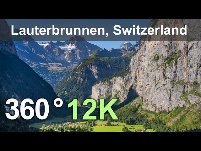 Lauterbrunnen. The valley of waterfalls and mountain peaks. Switzerland. Aerial 360 video in 12K.