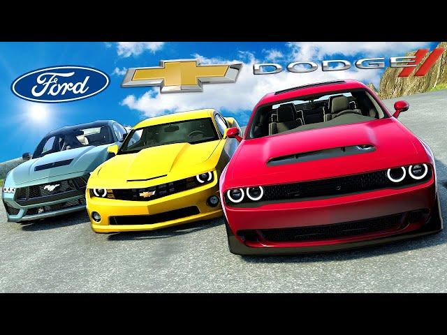 Mustang VS Camaro VS Challenger Race Down a Mountain in BeamNG Drive Mods!