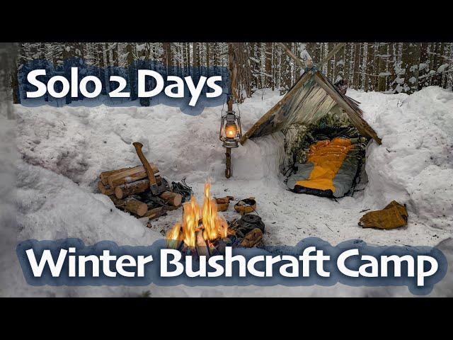 SOLO Two Days WINTER BUSHCRAFT Camp - Shelter in Snowfall - Lavvu Poncho - Spoon Carving