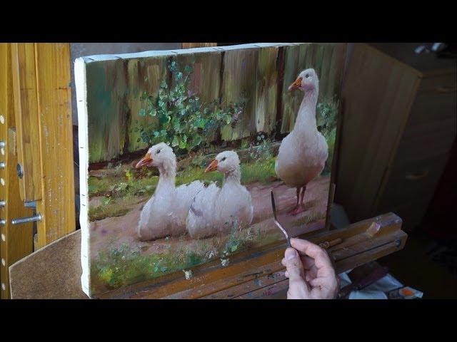 Белые гуси.  Alla Prima. Process of creating oil painting from Oleg Buiko.