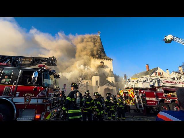 **EARLY ARRIVAL 6th-ALARM** MAJOR Fire Destroys Faith Lutheran Church on Easter Cambridge,MA Box 285