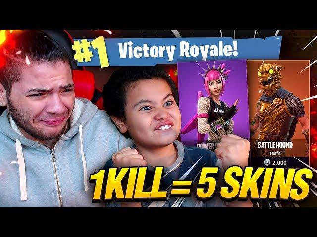 1 KILL = 5 FREE SKINS FOR MY 9 YEAR OLD LITTLE BROTHER! 9 YEAR OLD PLAYS SOLO FORTNITE BATTLE ROYALE