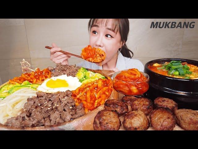 SUB) KOREAN CUISINE BIBIMBAP KIMCHI RIB PATTY SOFT TOFU STEW OLD CUCUMBER REAL SOUND ASMR MUKBANG