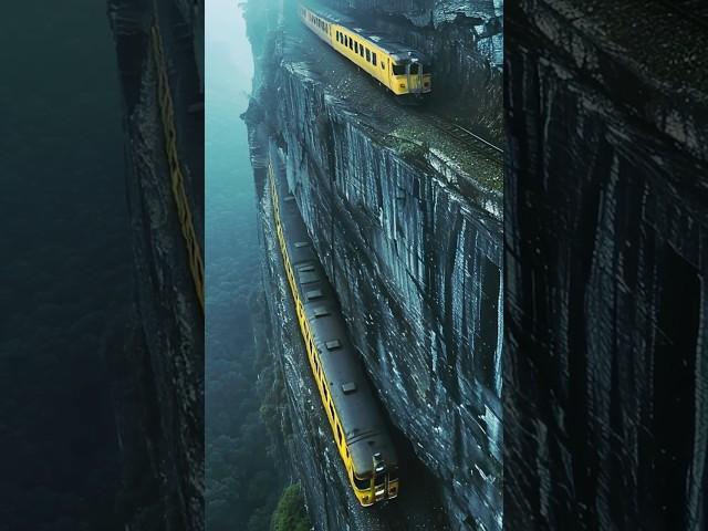 Two trains stopped on the rocks by the sea #shorts #train #mountains