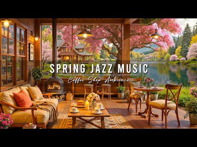 Relaxing Jazz Instrumental Music & 4K Spring Coffee Shop Ambience  Smooth Jazz Music for Studying