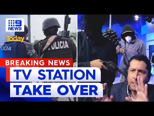 Armed men take over TV station broadcast in Ecuador | 9 News Australia