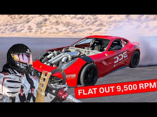 TWIN TURBO FERRARI V12 GOES FLAT OUT AND SIDEWAYS TO REDLINE!!