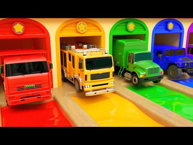 School bus, Fire truck, Name the colors of the trucks - Baby Shark-Baby Nursery Rhymes & Kids Songs