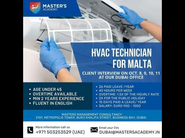 Job in Malta | HVAC Technician | salary 900 - 1000 euro