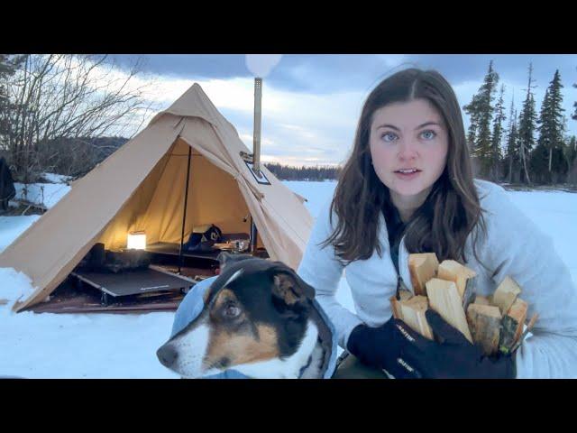 Winter Camping in Hot Tent on Frozen Lake