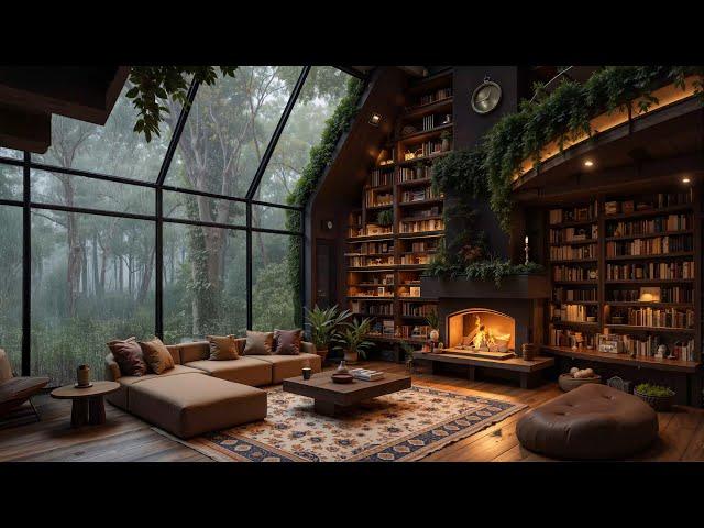Smooth Jazz in Cozy Forest Cabin Nook - Jazz Relaxing Music with Rain, Fireplace Ambience for Sleep