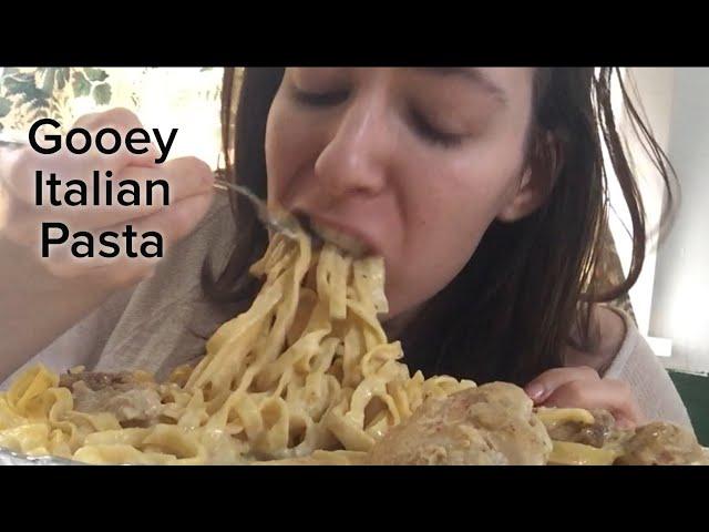 Gooey Italian Imported Fettucini Alfredo and Thick Chicken Thighs MUKBANG Candy K