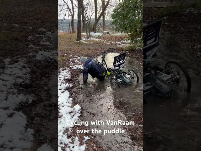 Cycling recumbent trike Van Raam over the puddle #vanraam #trike #recumbenttrike