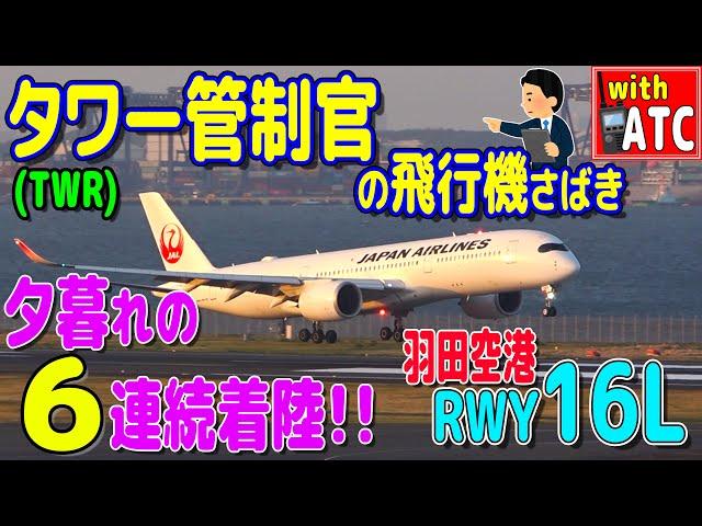 羽田RWY16L 夕暮れの6連続着陸!! タワー管制官の飛行機さばき【ATC/字幕/翻訳付き】