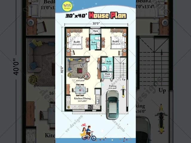 Stylish 30×40 House Plan | 2BHK + Car Space + Indian Style Porch #houseplan  #indianhousedesign