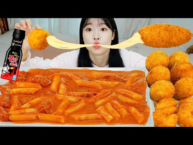 ASMR MUKBANG| Rosé Tteokbokki, Cheese Hot dog, Cheese Croquette, Twisted bread stick.