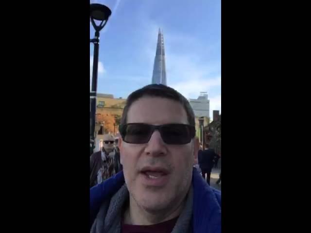 See St Paul's, Shard, & Cheese Grater & Walkie Talkie Buildings as I walk along south bank of Tha...