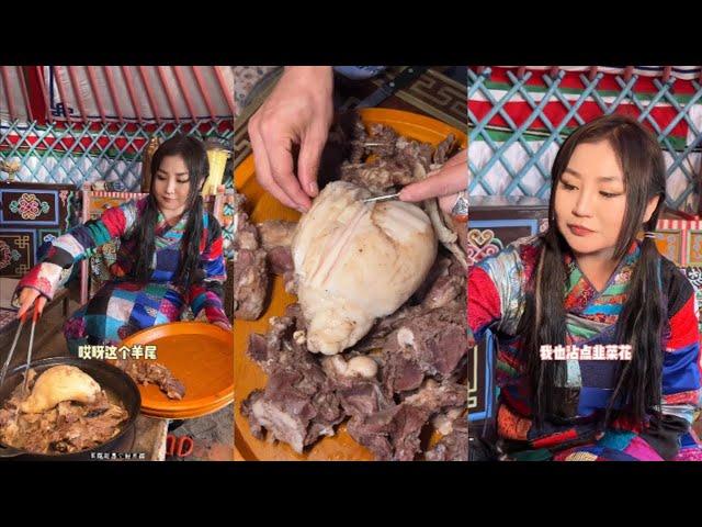 Enke went to his sister's house to eat meat today! Mongolian beauty! #camping #cooking #village