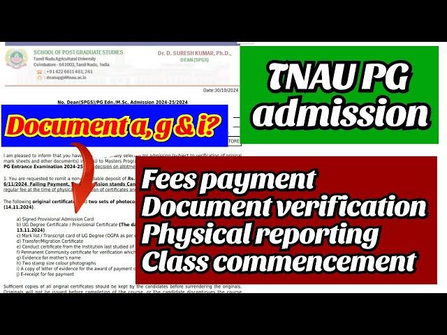 TNAU PG fees payment, document verification, physical reporting & classes | TNAU PG admission 2024