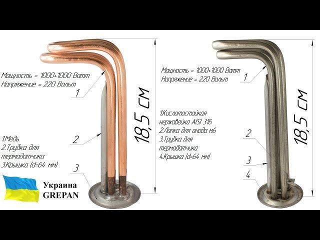 №1 Двойной ТЭН для бойлера, 1000+1000w ,с местом под анод и двумя термодатчиками.