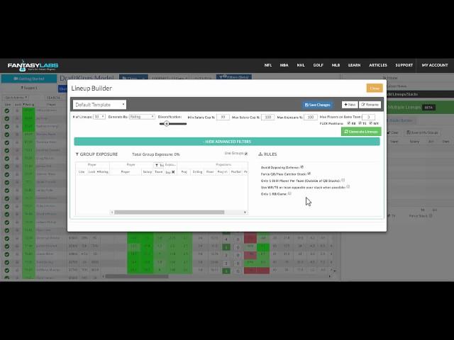 FantasyLabs DFS Multi-Lineup Building Rules