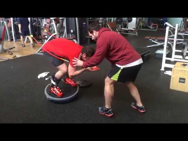 Killer bosu ski exercise by Jan Farrell with ski boots.